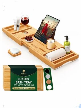 Royal Craft Wood Premium Foldable Bath Tray Caddy- Natural Wood NWOT